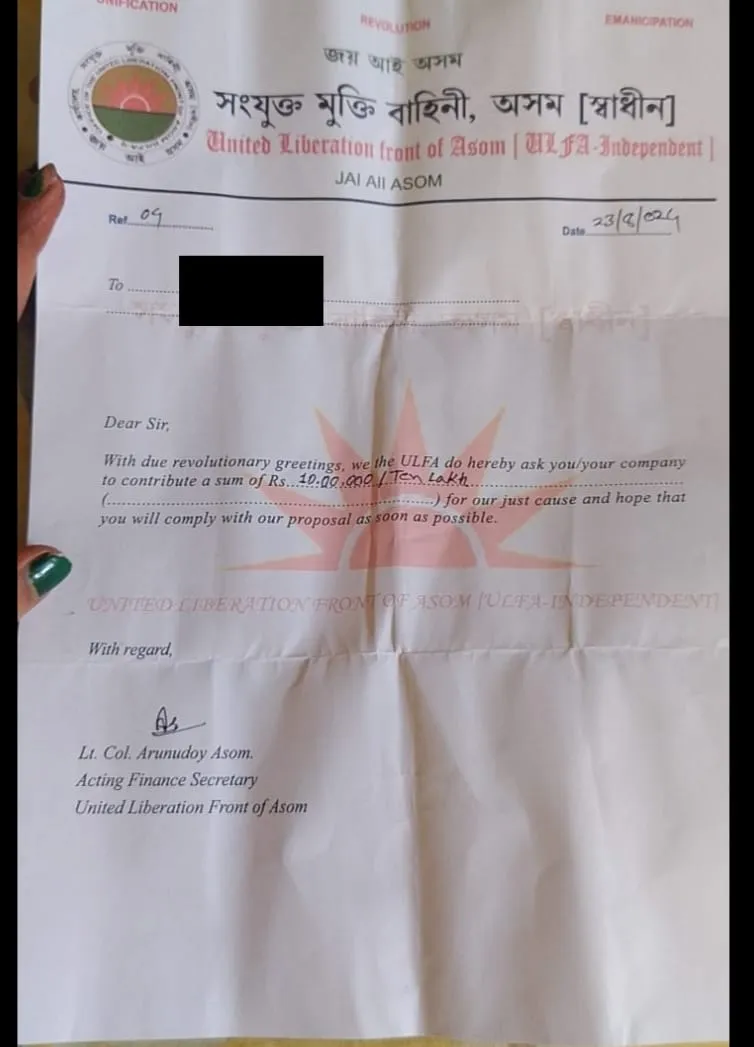 ULFA-I's Extortion Letter  
